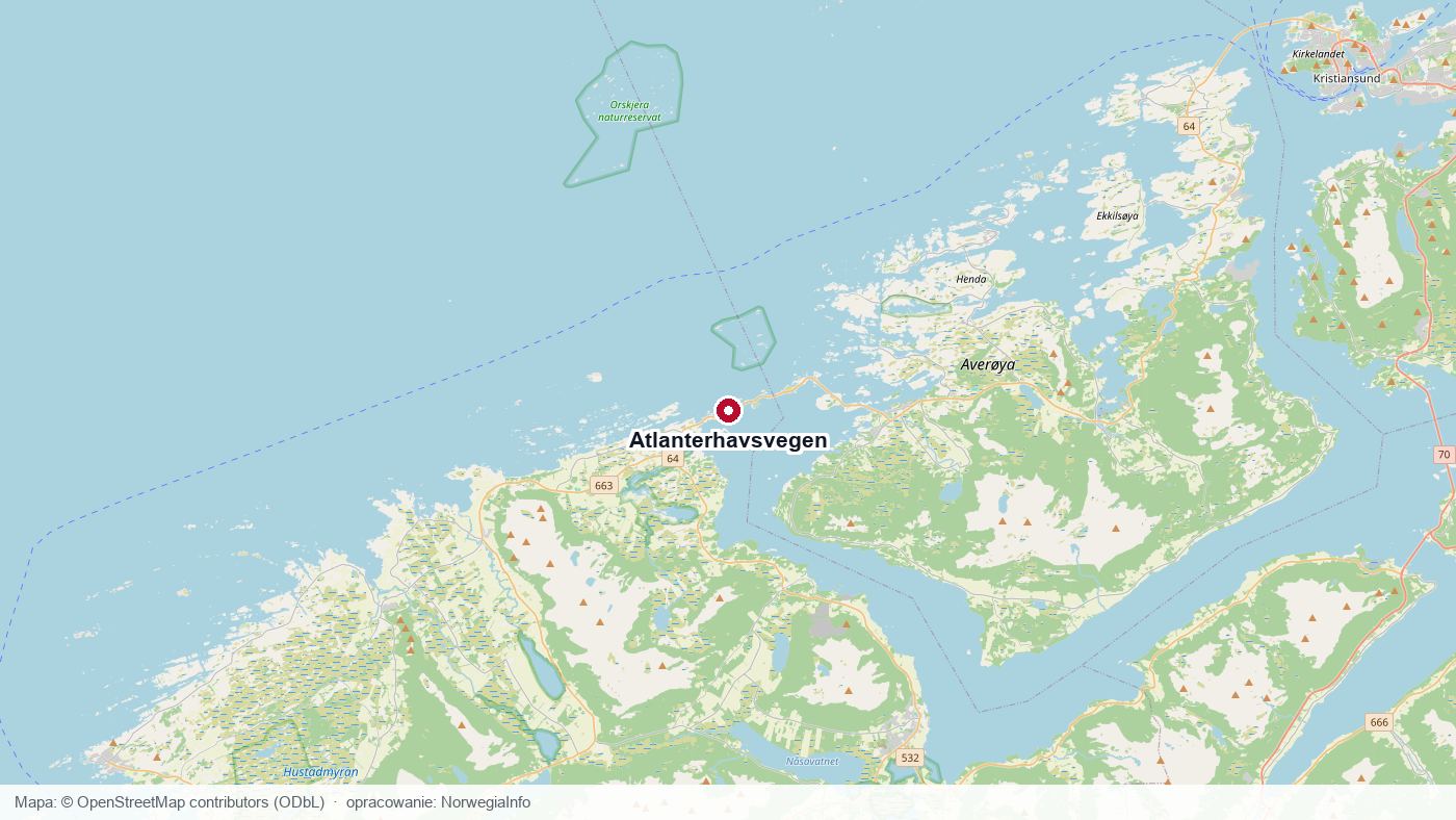 Mapa przebiegu Drogi Atlantyckiej między Averøya a Vevang w Møre og Romsdal